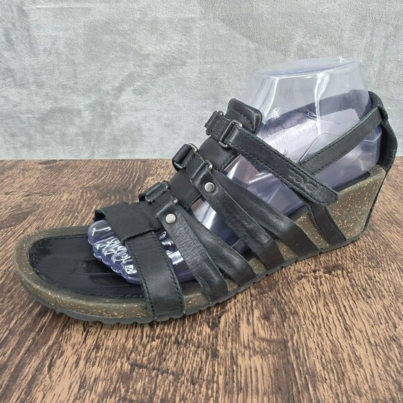 Teva Cabrillo Wedge Sandal 9 Black Leather Strappy Gladiator Edgy Open Toe Biker - Picture 1 of 14